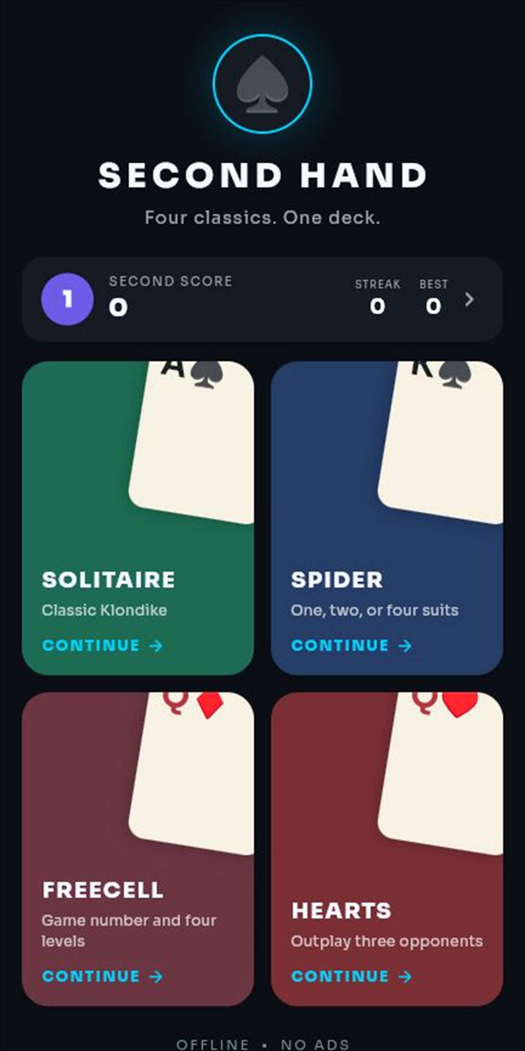 Second Hand home screen showing Solitaire, Spider, FreeCell and Hearts