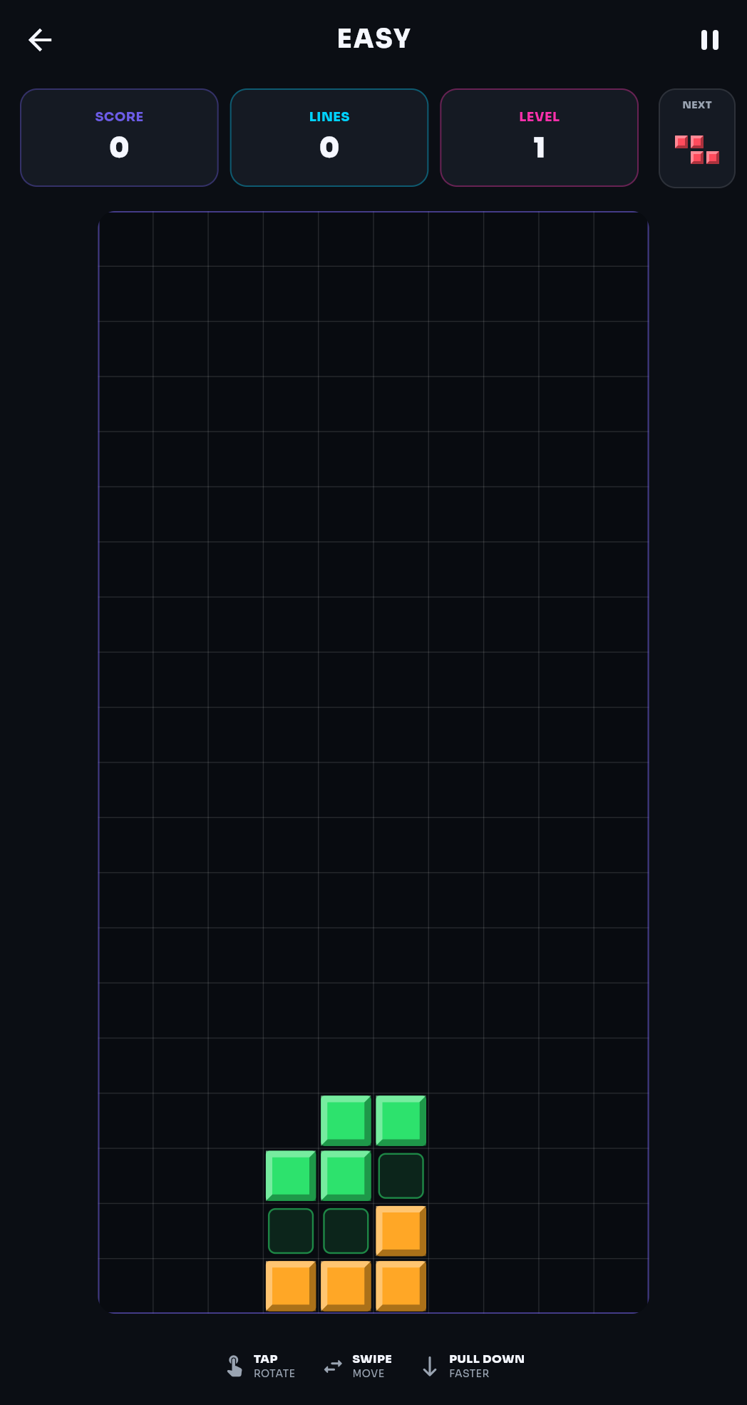 Third Row Easy mode gameplay with score, lines, level and next piece